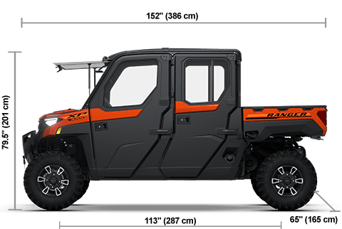 Side view of the Orange Rust 2026 Polaris RANGER CREW XP 1000 NorthStar Edition Ultimate with height, width and length dimensions.