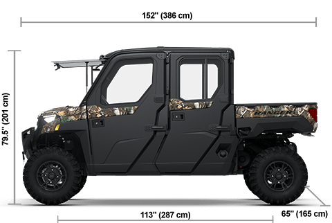 Side view of the Polaris Pursuit Camo 2026 Polaris RANGER CREW XP 1000 NorthStar Edition Ultimate with height, width and length dimensions.