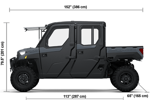 Side view of the Stealth Gray 2026 Polaris RANGER CREW XP 1000 NorthStar Edition Ultimate with height, width and length dimensions.