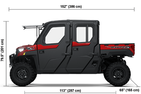 Side view of the Sunset Red 2026 Polaris RANGER CREW XP 1000 NorthStar Edition Ultimate with height, width and length dimensions.