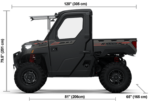 Side view of the Heavy Metal 2026 Polaris RANGER XP 1000 NorthStar Trail Boss Edition with height, width and length dimensions.