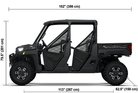 Side view of the Black Crystal 2026 Polaris RANGER CREW XP 1000 Texas Edition with height, width and length dimensions.