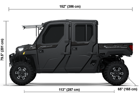 Side view of the Black Crystal 2026 Polaris RANGER CREW XP 1000 NorthStar Texas Edition with height, width and length dimensions.