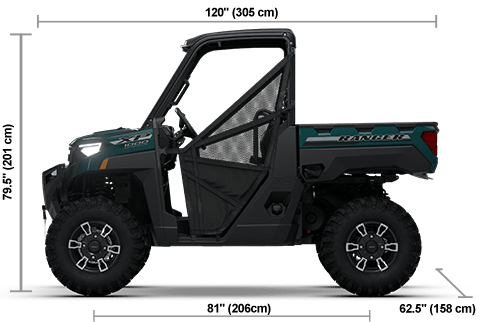 Side view of the Labyrinth Blue 2026 Polaris RANGER XP 1000 Premium with height, width and length dimensions.