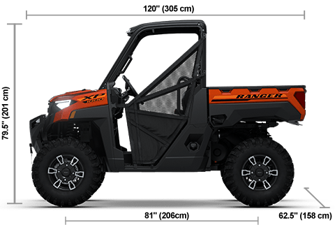 Side view of the Orange Rust 2026 Polaris RANGER XP 1000 Premium with height, width and length dimensions.
