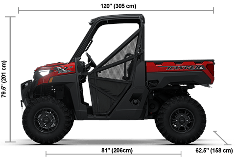 Side view of the Sunset Red 2026 Polaris RANGER XP 1000 Premium with height, width and length dimensions.