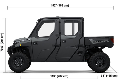 Side view of the Avalanche Gray 2027 Polaris RANGER CREW XP 1000 CAB with height, width and length dimensions.