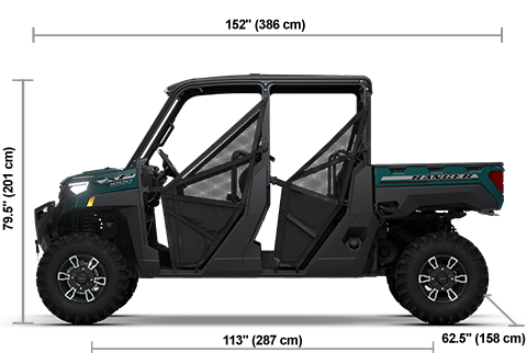 Side view of the Labyrinth Blue 2026 Polaris RANGER CREW XP 1000 Premium with height, width and length dimensions.