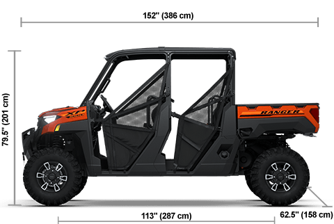 Side view of the Orange Rust 2026 Polaris RANGER CREW XP 1000 Premium with height, width and length dimensions.