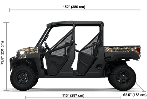 Side view of the Polaris Pursuit Camo 2026 Polaris RANGER CREW XP 1000 Premium with height, width and length dimensions.