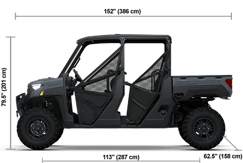 Side view of the Stealth Gray 2026 Polaris RANGER CREW XP 1000 Premium with height, width and length dimensions.