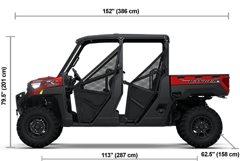 Side view of the Sunset Red 2026 Polaris RANGER CREW XP 1000 Premium with height, width and length dimensions.