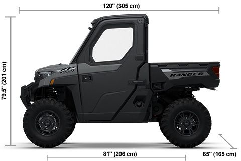 Side view of the Avalanche Gray 2027 Polaris RANGER XP 1000 CAB with height, width and length dimensions