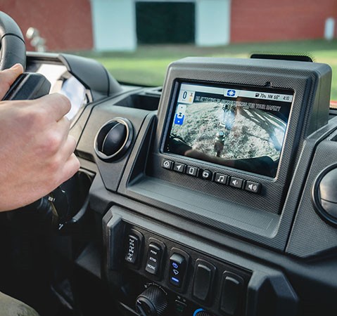 The Polaris RIDE COMMAND screen displaying a live camera view from the vehicle, as seen from the driver's perspective.