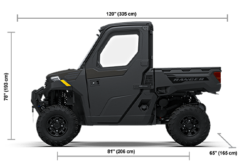 Side view of the Granite Gray 2027 Polaris RANGER 1000 CAB with height, width and length dimensions.