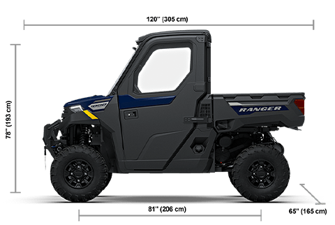 Side view of the Springfield Blue 2027 Polaris RANGER 1000 CAB with height, width and length dimensions.