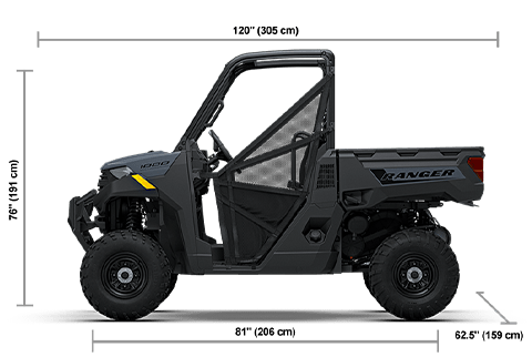 Side view of the Stealth Gray 2027 Polaris RANGER 1000 EPS with height, width and length dimensions.