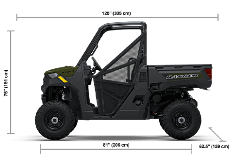 Vista lateral del Polaris RANGER 1000 de 2027 en Sage Green con dimensiones de altura, ancho y longitud.
