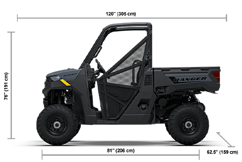 Side view of the Stealth Gray 2027 Polaris RANGER 1000 with height, width and length dimensions.