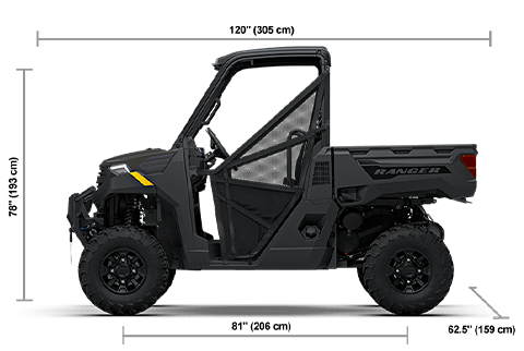 Side view of the Granite Gray 2027 Polaris RANGER 1000 Premium with height, width and length dimensions.