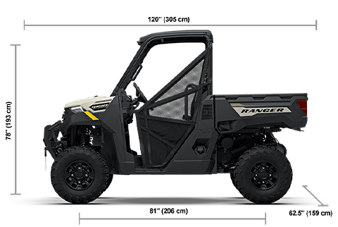 Side view of the Mirage Beige 2027 Polaris RANGER 1000 Premium with height, width and length dimensions.