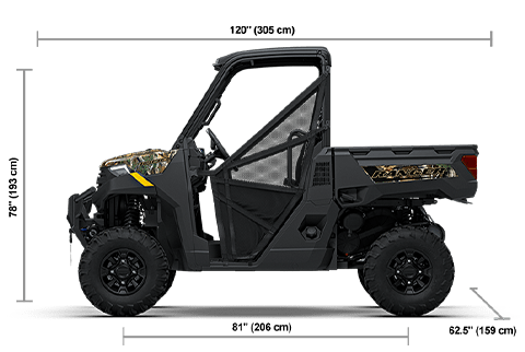 Side view of the Polaris Pursuit Camo 2027 Polaris RANGER 1000 Premium with height, width and length dimensions.