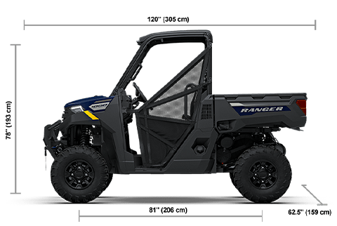 Side view of the Springfield Blue 2027 Polaris RANGER 1000 Premium with height, width and length dimensions.