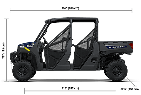 Side view of the Springfield Blue 2027 Polaris RANGER CREW 1000 Premium with height, width and length dimensions.