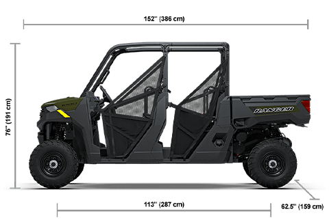 Side view of the Sage Green 2027 Polaris RANGER CREW 1000 with height, width and length dimensions.