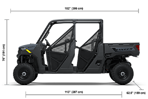 Side view of the Stealth Gray 2027 Polaris RANGER CREW 1000 with height, width and length dimensions.