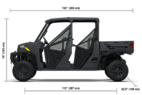 Side view of the Granite Gray 2027 Polaris RANGER CREW 1000 Premium with height, width and length dimensions.