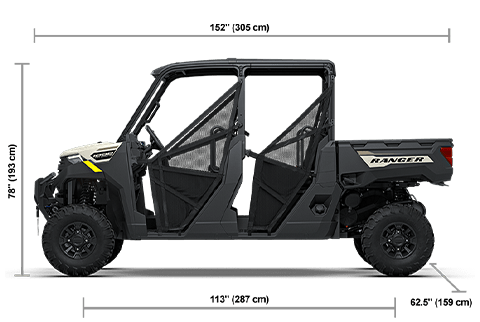 Side view of the Mirage Beige 2027 Polaris RANGER CREW 1000 Premium with height, width and length dimensions.