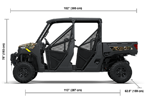 Side view of the Polaris Pursuit Camo 2027 Polaris RANGER CREW 1000 Premium with height, width and length dimensions.