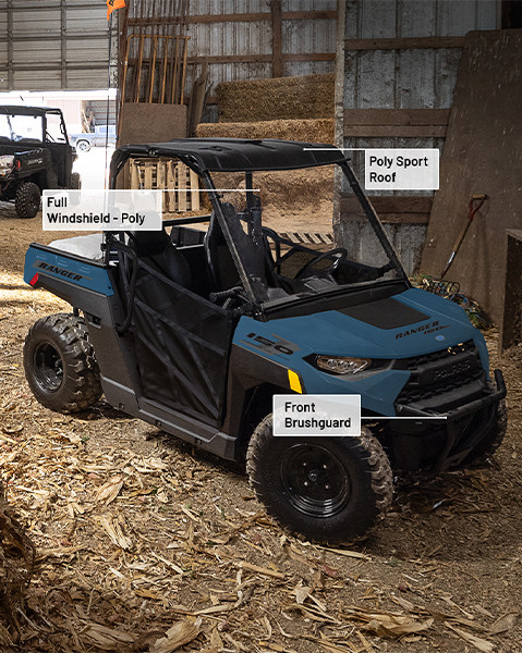 Full Poly Windshield, Poly Sport Roof, and Front Brushguard accessories installed on a 2027 Polaris RANGER 150 EFI youth UTV.