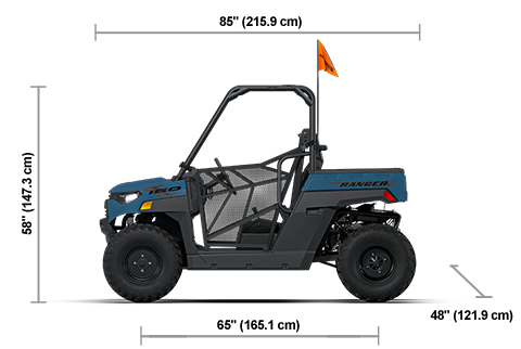 Side view of the Zenith Blue 2027 Polaris RANGER 150 EFI with height, width and length dimensions.