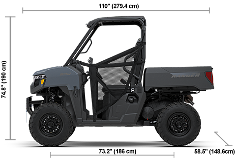 Side view of the Stealth Gray 2027 Polaris RANGER 500 with height, width and length dimensions.