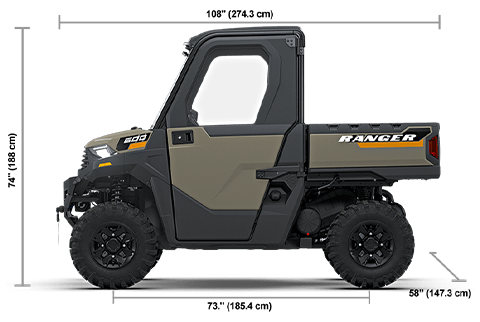 Side view of the Desert Sand Polaris RANGER 600 NorthStar with height, width and length dimensions.