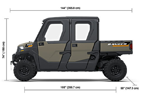 Side view of the Desert Sand Polaris RANGER CREW 600 NorthStar with height, width and length dimensions.
