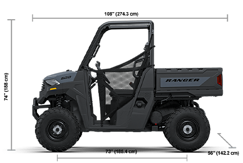 Side view of the Stealth Gray 2027 Polaris RANGER 600 with height, width and length dimensions.