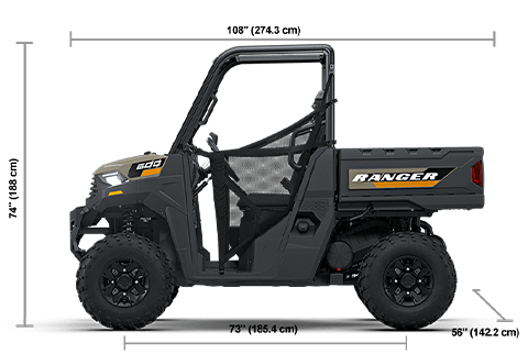 Side view of the Desert Sand 2027 Polaris RANGER 600 Premium with height, width and length dimensions.