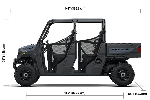 Side view of the Stealth Gray 2027 Polaris RANGER CREW 600 with height, width and length dimensions.