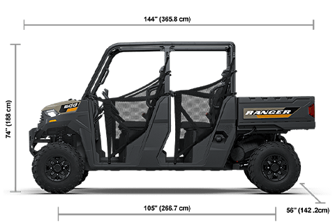 Side view of the Desert Sand 2027 Polaris RANGER CREW 600 Premium with height, width and length dimensions.