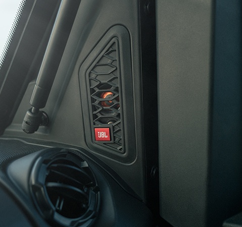 JBL audio speakers inside the cab of a 2027 Polaris RANGER XD 1500 NorthStar Extreme Duty UTV.