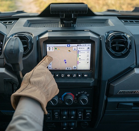 7-inch RIDE COMMAND touch screen inside of a 2027 Polaris RANGER XD 1500 NorthStar Extreme Duty UTV.