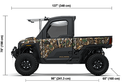 Side view of the Polaris Pursuit Camo 2027 Polaris RANGER XD 1500 NorthStar Ultimate with height, width and length dimensions.