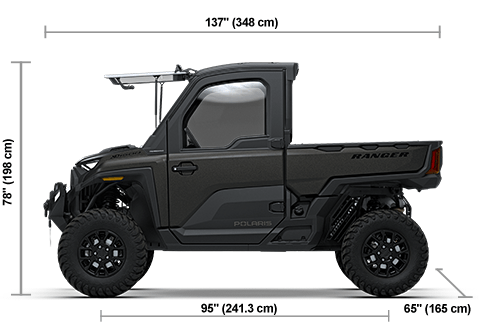 Side view of the Super Graphite 2027 Polaris RANGER XD 1500 NorthStar Ultimate with height, width and length dimensions.