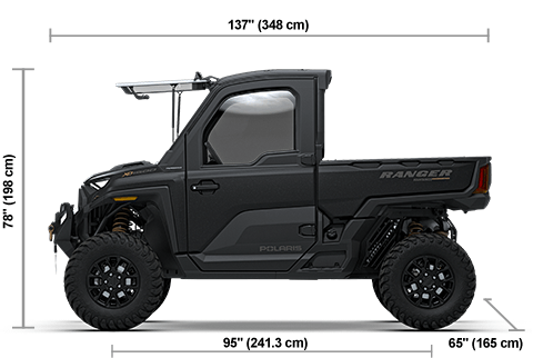 Side view of the Matte Black Crystal 2027 Polaris RANGER XD 1500 NorthStar Mountaineer Edition with height, width and length dimensions.