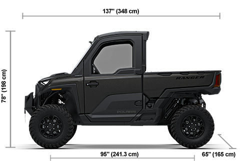 Side view of the Super Graphite 2027 Polaris RANGER XD 1500 NorthStar Premium with height, width and length dimensions.