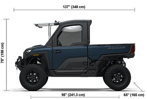 Side view of the Steely Blue 2027 Polaris RANGER XD 1500 NorthStar Ultimate with height, width and length dimensions.