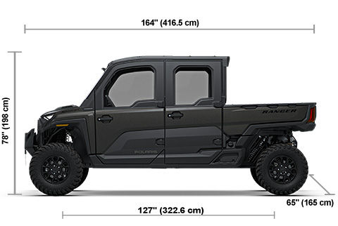 Side view of the Super Graphite 2027 Polaris RANGER CREW XD 1500 NorthStar Premium with height, width and length dimensions.
